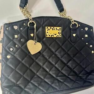 Betsey Johnson Quilted Satchel – Studded & Leopard Lined